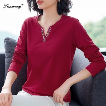 Fall spring Women Tunic t-shirts Harajuku Black Red Green Long Sleeve V-neck Patchwork Shirts Plus Size Ladies Tops Blusa