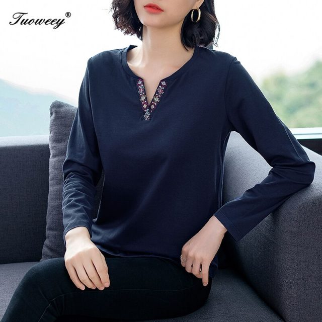 Fall spring Women Tunic t-shirts Harajuku Black Red Green Long Sleeve V-neck Patchwork Shirts Plus Size Ladies Tops Blusa