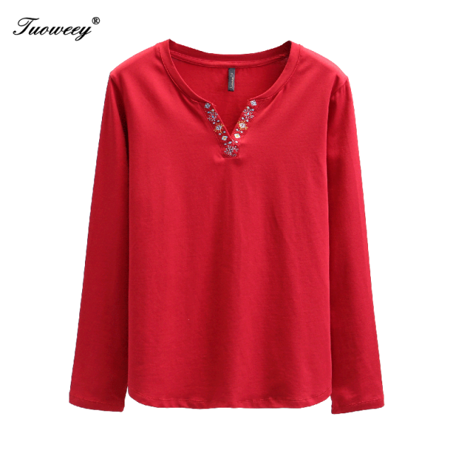 Fall spring Women Tunic t-shirts Harajuku Black Red Green Long Sleeve V-neck Patchwork Shirts Plus Size Ladies Tops Blusa