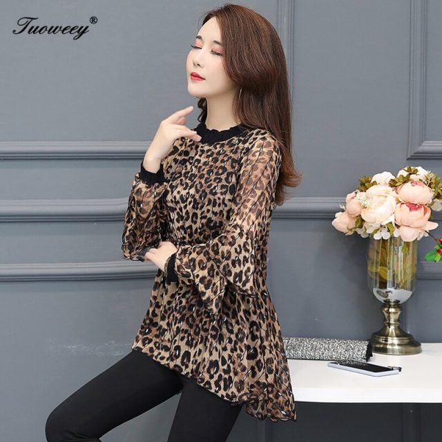 New Arrival Fashion autumn long sleeve ruffle leopard long Shirt Female loose Plus Size elegant plus size 6XL Blouse