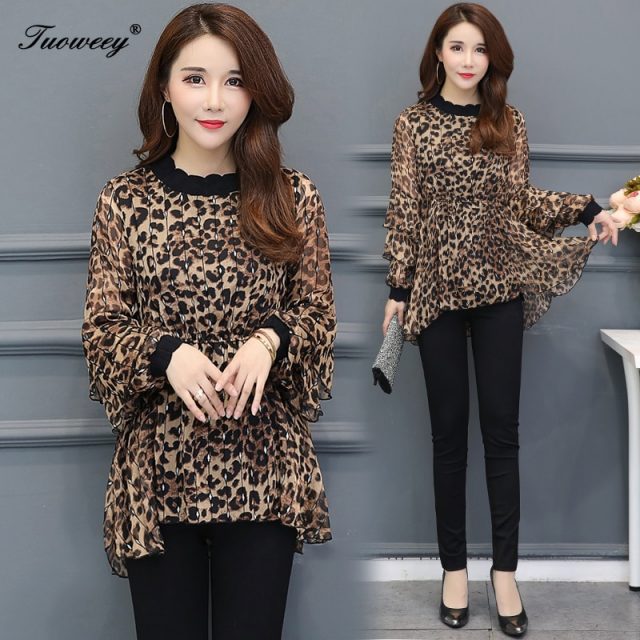 New Arrival Fashion autumn long sleeve ruffle leopard long Shirt Female loose Plus Size elegant plus size 6XL Blouse