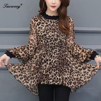 New Arrival Fashion autumn long sleeve ruffle leopard long Shirt Female loose Plus Size elegant plus size 6XL Blouse