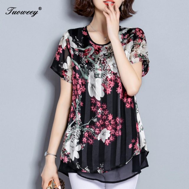 5XL Autumn Chiffon Blouse Shirts Casual floral Loose elegant O neck short Sleeve Floral Print Tops blusas blouse 2019 women