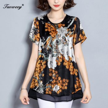 5XL Autumn Chiffon Blouse Shirts Casual floral Loose elegant O neck short Sleeve Floral Print Tops blusas blouse 2019 women