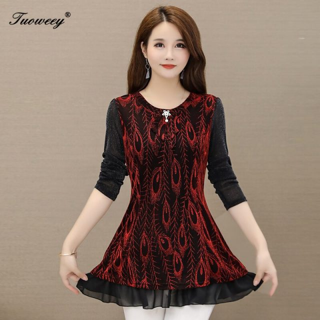 5XL Plus Size floral Women red Blouses 2019 Fashion autumn long Sleeve loose chiffon Long Shirt Female Casual tops
