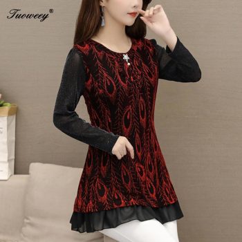 5XL Plus Size floral Women red Blouses 2019 Fashion autumn long Sleeve loose chiffon Long Shirt Female Casual tops