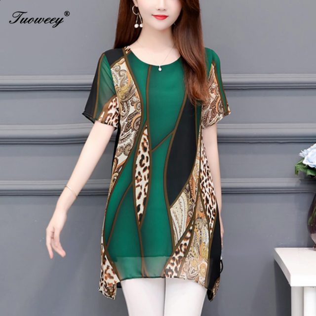 Women clothing New 2019 spring fashion loose plus size women’s long shirts short sleeve leopard blouse shirts chiffon blusas
