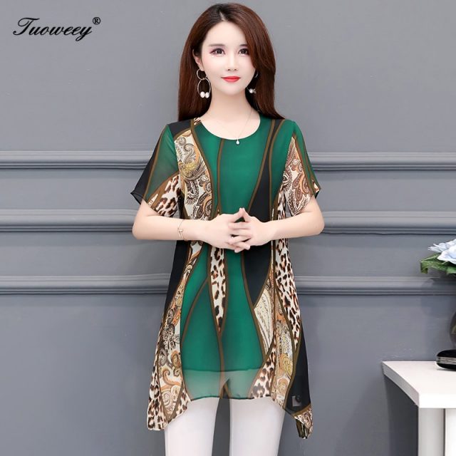 Women clothing New 2019 spring fashion loose plus size women’s long shirts short sleeve leopard blouse shirts chiffon blusas