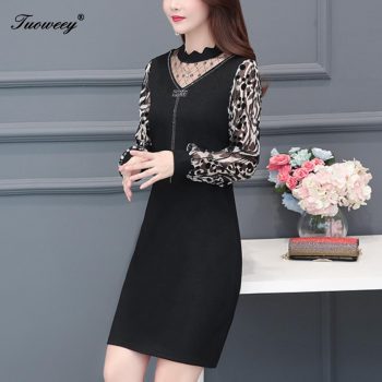 2019 New Arrival Fashion autumn leopard long sleeve hollow out slim dress Female Casual Plus Size elegant patchwork dress