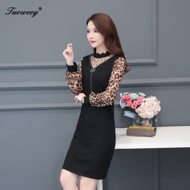 2019 New Arrival Fashion autumn leopard long sleeve hollow out slim dress Female Casual Plus Size elegant patchwork dress