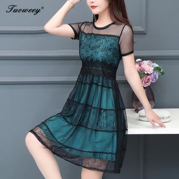 2019 Plus size 4XL New Women lace patchwork short Sleeve A-line knee length Dress summer O-neck Female Casual hollow out Dresses