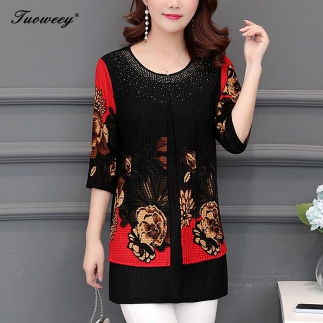 2019 New Arrival Fashion spring Three Quarter loose floral long Shirt Female Casual Color Plus Size elegant Printed Blouse 5XL