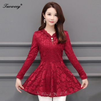 2019 New Arrival Fashion Spring Long Sleeve Women Lace Blouse SHIRT Female Hollow Plus Size 5XL V-neck Solid Elegant Blouse