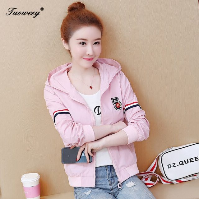 Spring style letter Cute Hooded Windbreaker Jacket For Women pink Jacket Hoodie Coats Female Outdoor Clothing