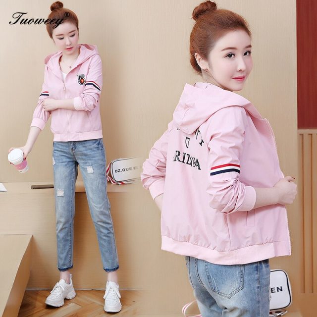 Spring style letter Cute Hooded Windbreaker Jacket For Women pink Jacket Hoodie Coats Female Outdoor Clothing