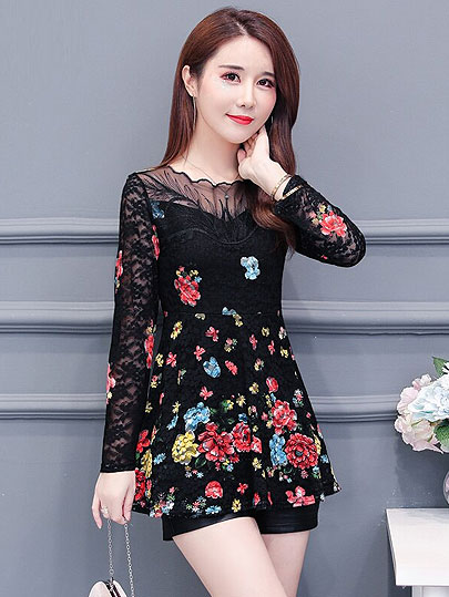 2019 New Arrival Fashion spring long sleeve Slim floral long Shirt Female Casual Slim Color Plus Size elegant Printed Blouse