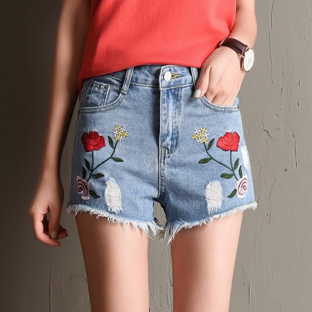 2020 Euro Style Women Denim Shorts Vintage mid Waist embroidery Jeans Shorts Street Wear Sexy Wide Leg Shorts For Summer