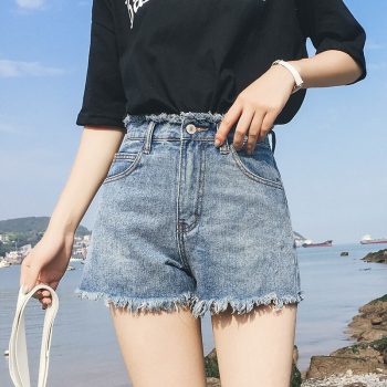 2019 Euro Style Women solid Denim Shorts Vintage mid Waist Tassel Jeans Shorts Street Wear Sexy Wide Leg Shorts For Summer