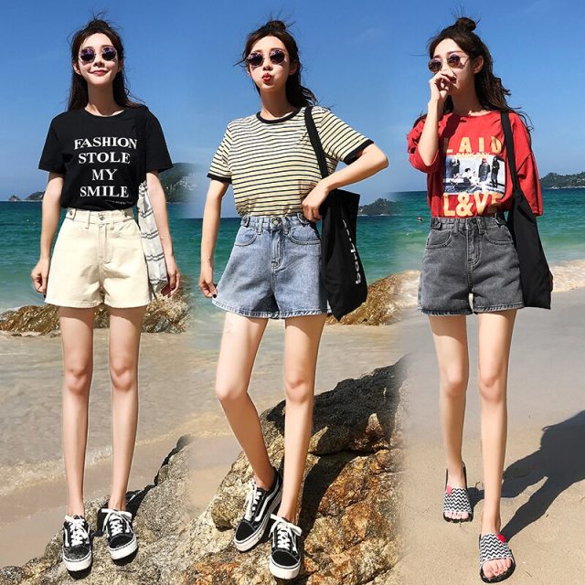 2019 Euro Style Women Denim Shorts apricot Vintage mid Waist Tassel Jeans Shorts Street Wear Sexy Wide Leg Shorts For Summer