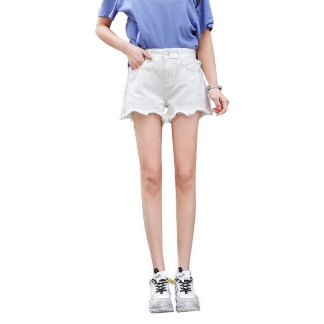 2019 Euro Style white Women Denim Shorts Vintage mid Waist Tassel Jeans Shorts Street Wear Sexy Wide Leg Shorts For Summer