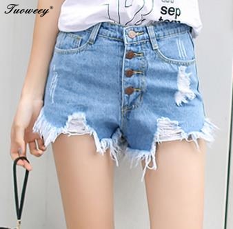 Ladies Women Plus Size Vintage Ripped Summer High Waisted Stonewash Denim Shorts Jeans Button Pocket Hole Light Blue Shorts Hot