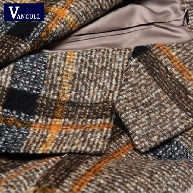 Vangull Plaid Woolen Coats Suit Collar Double Breasted Slim Fashion Thick Warm Coats Autumn Winter Elegant Pockets Long Outwears