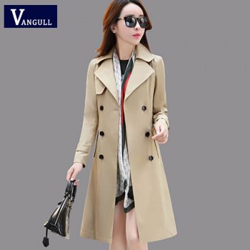 Vangull Women Trench Coat Spring Fall Fashion Trench Turn-down Collar Double Breasted Patchwork Long Trench Coat Slim Wind Coat