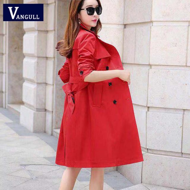 Vangull Women Trench Coat Spring Fall Fashion Trench Turn-down Collar Double Breasted Patchwork Long Trench Coat Slim Wind Coat