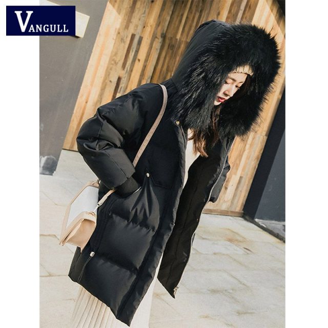 VANGULL Elegant Fur Collar Coat 2019 New Winter Thick Jacket Women Long Down cotton Parkas Female Warm Hooded Jacket Coat