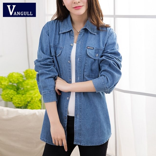 VANGULL Women Denim Jackets 2019 New Spring Summer Solid BF Style Shirts With Pockets Autumn Female Plus Size Loose Thin Coats