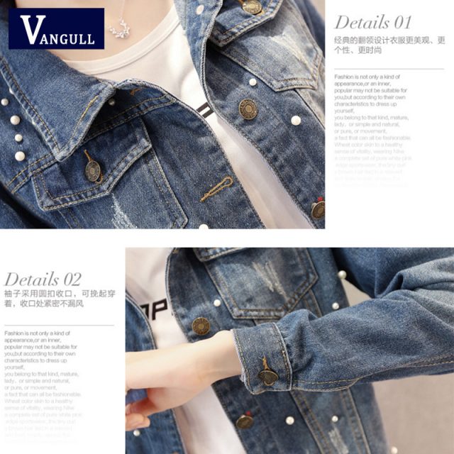 Vangull Big Size 4XL 5XL Women Denim Jacket Pearl Beading Jeans Bomber Jacket Coat Casual Female Basic Outwear 2019 Plus Size
