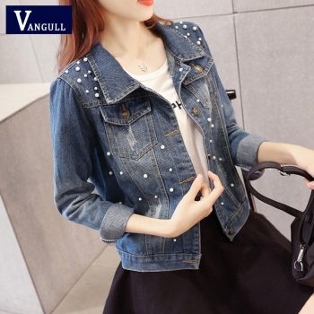 Vangull Big Size 4XL 5XL Women Denim Jacket Pearl Beading Jeans Bomber Jacket Coat Casual Female Basic Outwear 2019 Plus Size