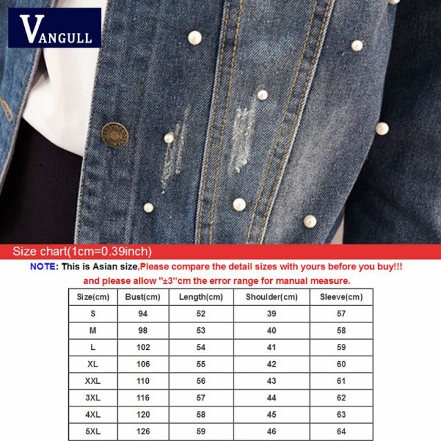 Vangull Big Size 4XL 5XL Women Denim Jacket Pearl Beading Jeans Bomber Jacket Coat Casual Female Basic Outwear 2019 Plus Size