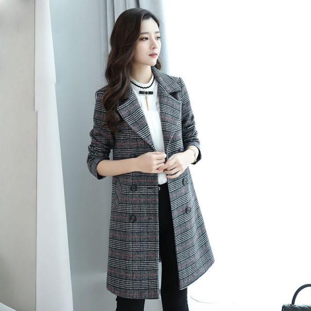 Vangull Autumn Winter Wool Coat Women Plaid Blends Office Work double breasted Long Coats Casual Lady Slim Jacket Plus size 5XL
