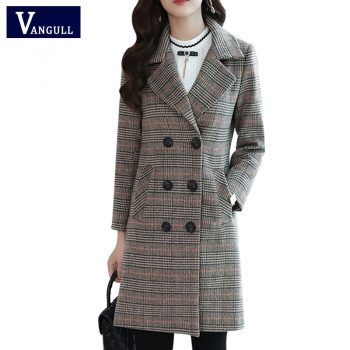 Vangull Autumn Winter Wool Coat Women Plaid Blends Office Work double breasted Long Coats Casual Lady Slim Jacket Plus size 5XL