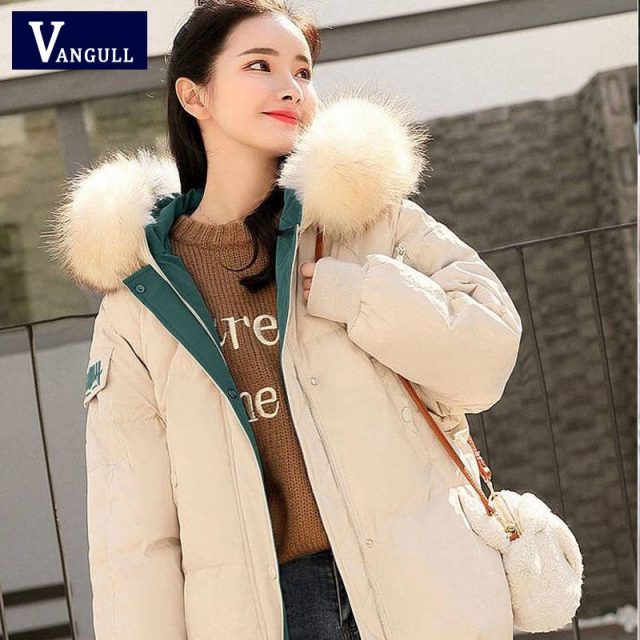Vangull Solid Fur Hooded Thicken Long Down Coats Women Female Casual Long Sleev Warm Cotton Coats With Color  Hat Cotton-padded