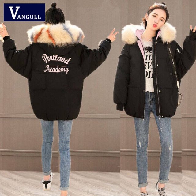 Vangull Solid Fur Hooded Thicken Long Down Coats Women Female Casual Long Sleev Warm Cotton Coats With Color  Hat Cotton-padded