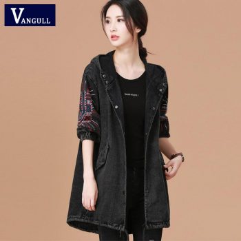 Vangull Ladies Denim Jacket With Embroidery Women Bf Style Long Sleeve Loose Streetwear Jeans Jackets hooded Coat Plus Size
