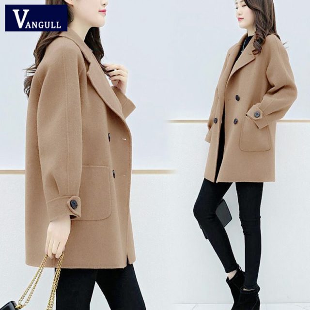 Vangull Women Wool Coat Winter Fall Single Breasted Long Wool Coats Solid Turn-down Collar Loose Korean Female Jackets Outerewar