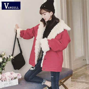 Vangull Women Denim Jacket Fur Lining Autumn Winter Red Denim Jacket Warm Jacket Vintage Long Sleeve Loose Jeans Coat Outwear