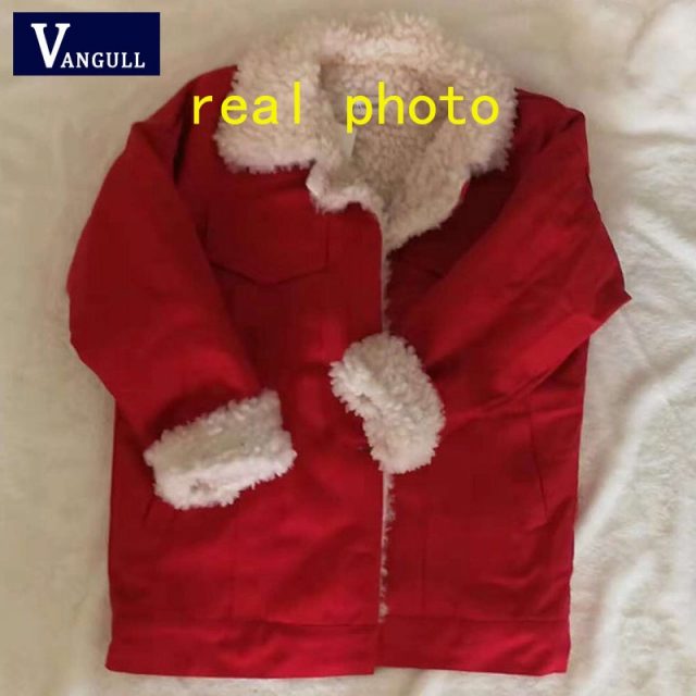 Vangull Women Denim Jacket Fur Lining Autumn Winter Red Denim Jacket Warm Jacket Vintage Long Sleeve Loose Jeans Coat Outwear