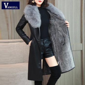 Vangull Women's Leather Jacket for Winter 2019 New Plus Velvet Warm Slim Big Fur Collar Long Leather Coat Female Outerwear M-4XL