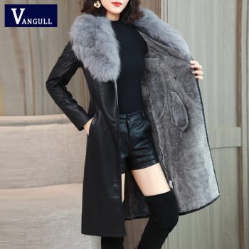 Vangull Women’s Leather Jacket for Winter 2019 New Plus Velvet Warm Slim Big Fur Collar Long Leather Coat Female Outerwear M-4XL