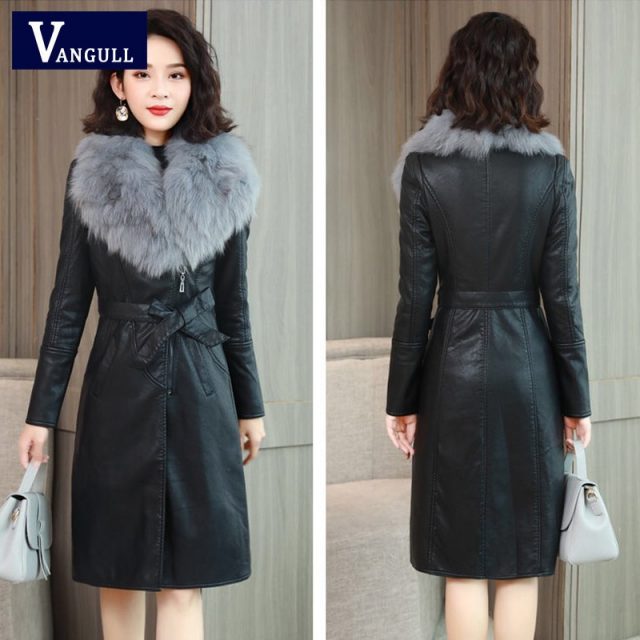 Vangull Women’s Leather Jacket for Winter 2019 New Plus Velvet Warm Slim Big Fur Collar Long Leather Coat Female Outerwear M-4XL