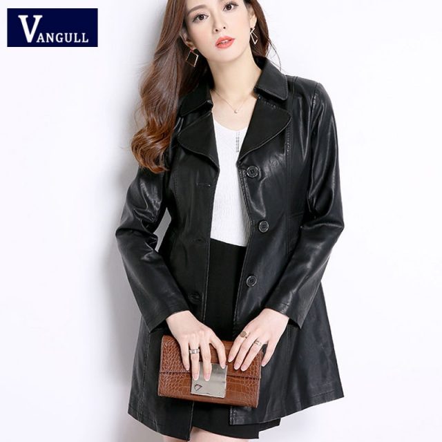 Vangull Women Faux Leather Jackets Fashion Long Sleeve Loose Plus Size PU Leather Coat 2019 Winter New Women Leather Outerwear