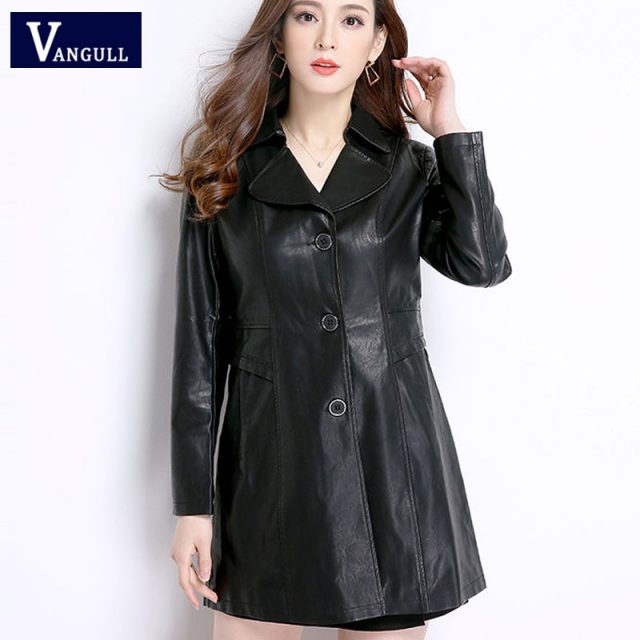 Vangull Women Faux Leather Jackets Fashion Long Sleeve Loose Plus Size PU Leather Coat 2019 Winter New Women Leather Outerwear