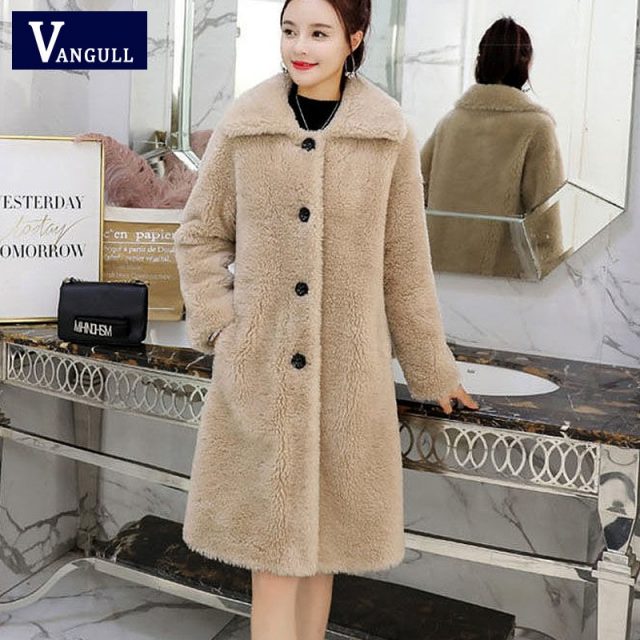 Vangull Winter Women Faux Fur Coat  High Quality Luxury Long Fur Coat Loose Lapel OverCoat Thick Warm Plus Size Female Coats
