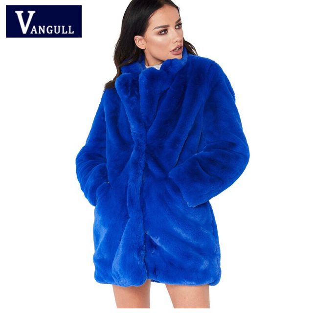 Women Winter Fur Coat Jacket Thick Warm Plush Long Coats Female Elegant Rabbit Fur Pocket Fashion Autumn Outwear VANGULL 2018
