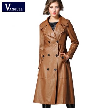 Vangull Women winter New faux leather PU coat female Double Breasted PU long jacket cool outerwear Punk Style lady Biker jacket