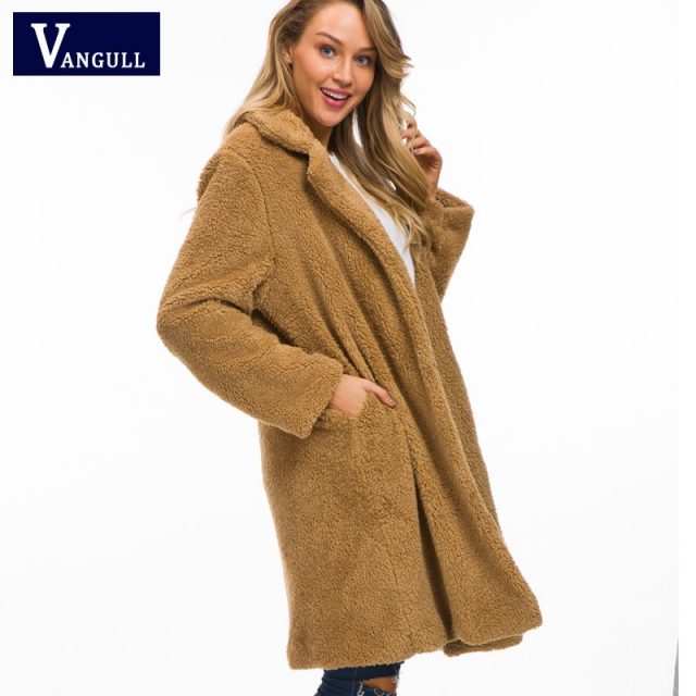 Vangull Women Fur Coat 2018 New Winter Fluffy Shaggy Faux Long Fur Coat Fashion Thick Warm Jacket Beige Plus Size Outwear